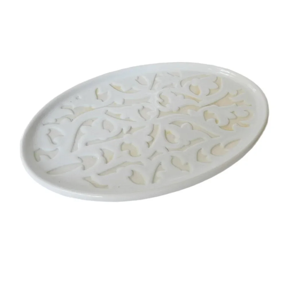 Carved Footed Ceramic Soap Dish White Leaf Design Elegant Bath Decor
